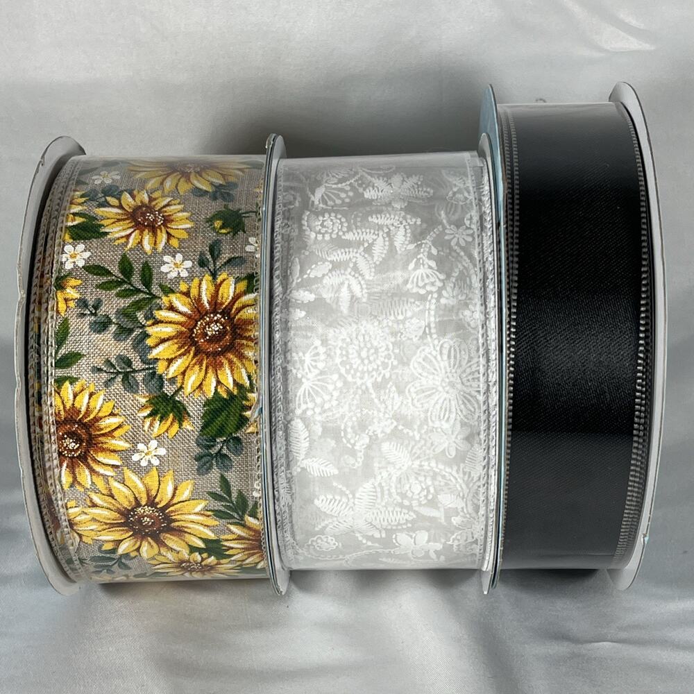Lot of 3 Ribbons Kirkland White Floral Black/Silver Sunflowers Flowers 150 Yards